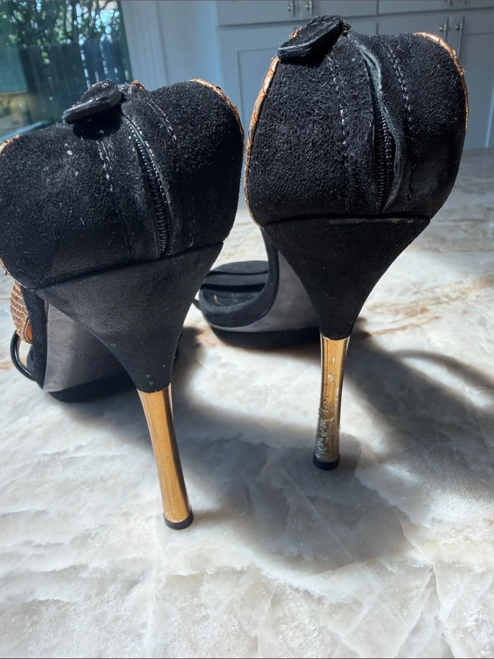Gucci Black Suede Sandals with Gold-Tone Stiletto and Brown Snake-Trim Ankle